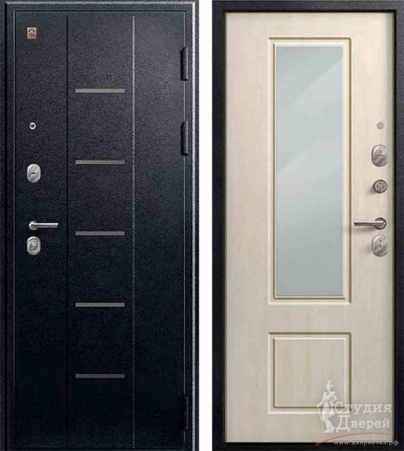 Дверь стальная V-04 Черный муар/МДФ 10 мм Седой дуб, зеркало с фацетом