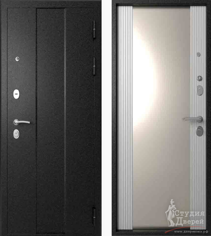 Дверь стальная ЭТАЛОН М-5 Черный букле/МДФ 10 мм Белый снег, зеркало