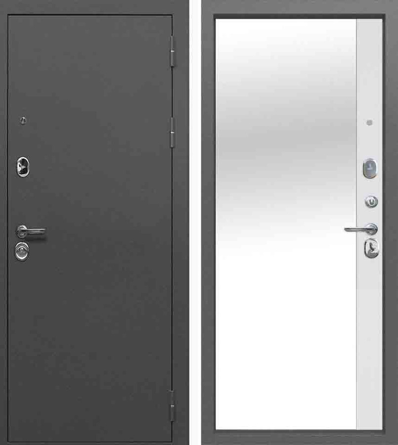 Входная дверь ТАЙГА 9 см Антик серебро/МДФ-панель 10 мм, Эмалит белый, зеркало