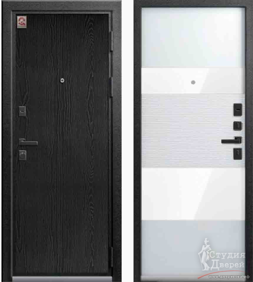 Дверь стальная LUX-8 Серый муар + Распил графит - Софт белый /светлое стекло