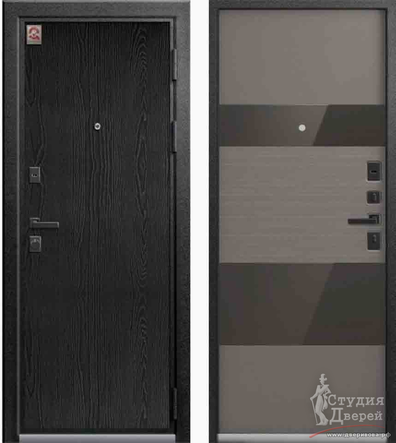 Дверь стальная LUX-8 Серый муар + Распил графит - Софт грей /темное стекло