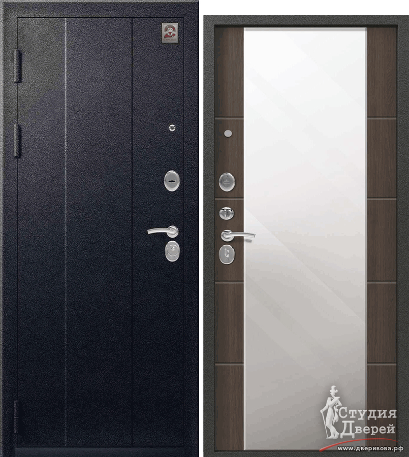 Дверь стальная С-104 (зеркало) Черный муар - Миндаль
