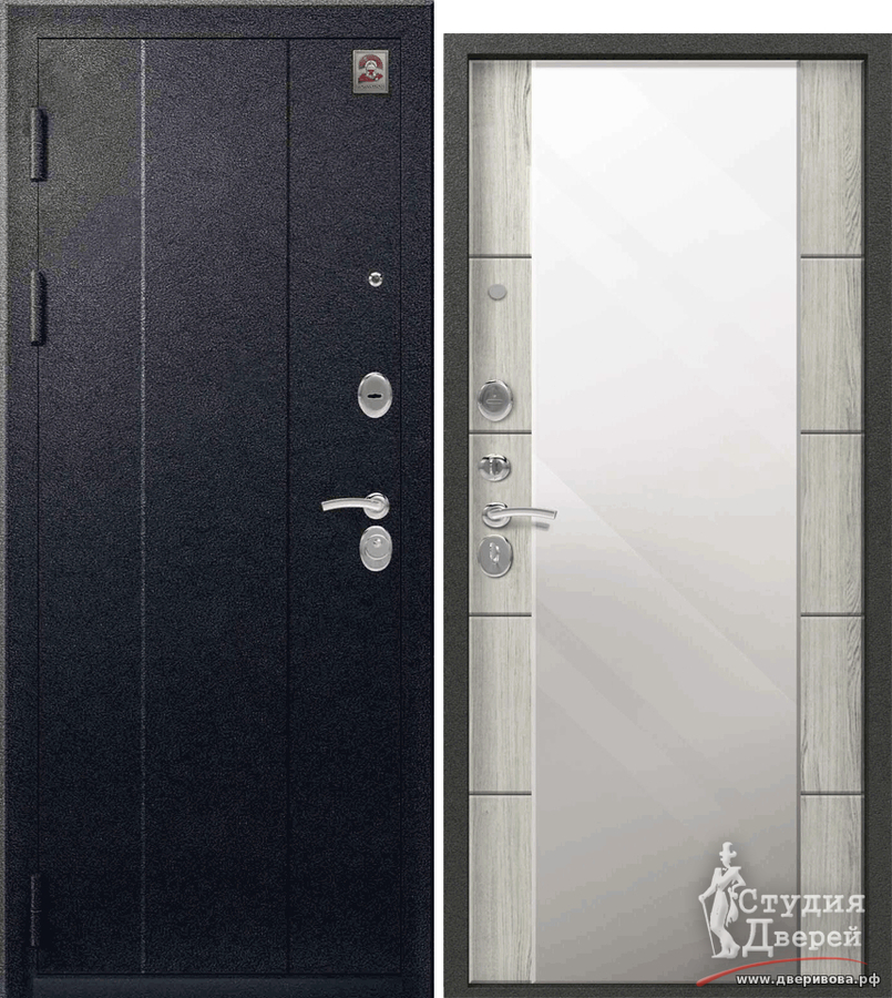 Дверь стальная С-104 (зеркало) Черный муар - Полярный дуб