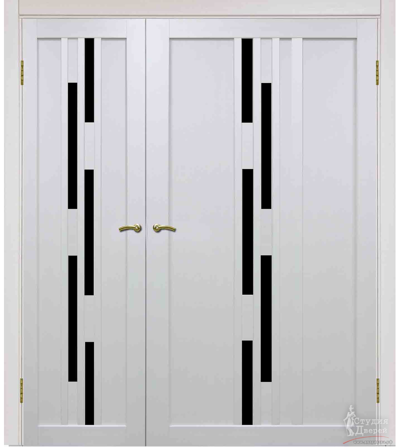 Двери асимметричные двустворчатые Турин 551.121 Белый лёд FL, стекло LAC черный