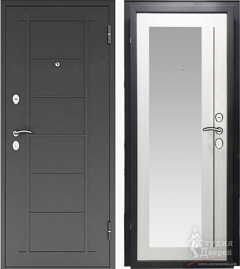 Дверь металлическая РЕФЛЕКТ (зеркало) Беленый дуб/чёрный муар