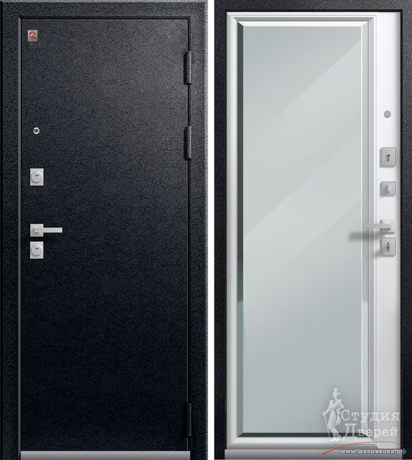 Дверь стальная LUX-1 (зеркало) Черный муар - МДФ 16 мм Софт белый + зеркало с фацетом 20 мм