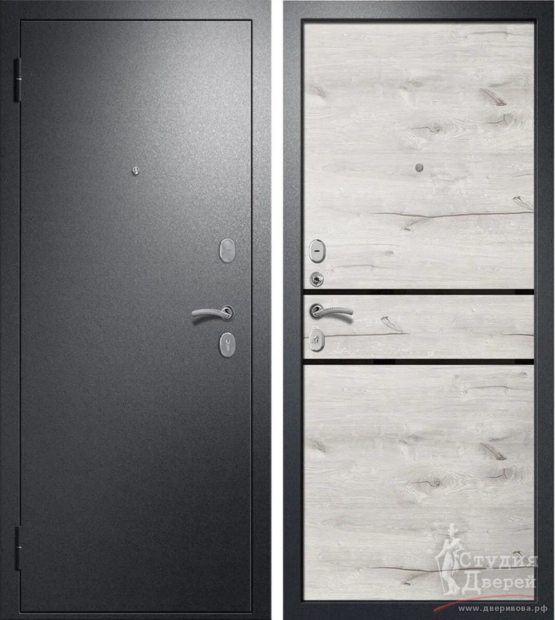 Стальная дверь Дуэт 2, МДФ-панель 10 мм Дуб арктик, молдинг черный/Антик серебро темное