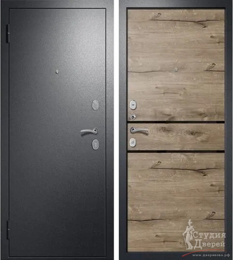 Стальная дверь 2К Стандарт, МДФ-панель 10 мм Дуб пацифик, молдинг черное/Антик серебро темное