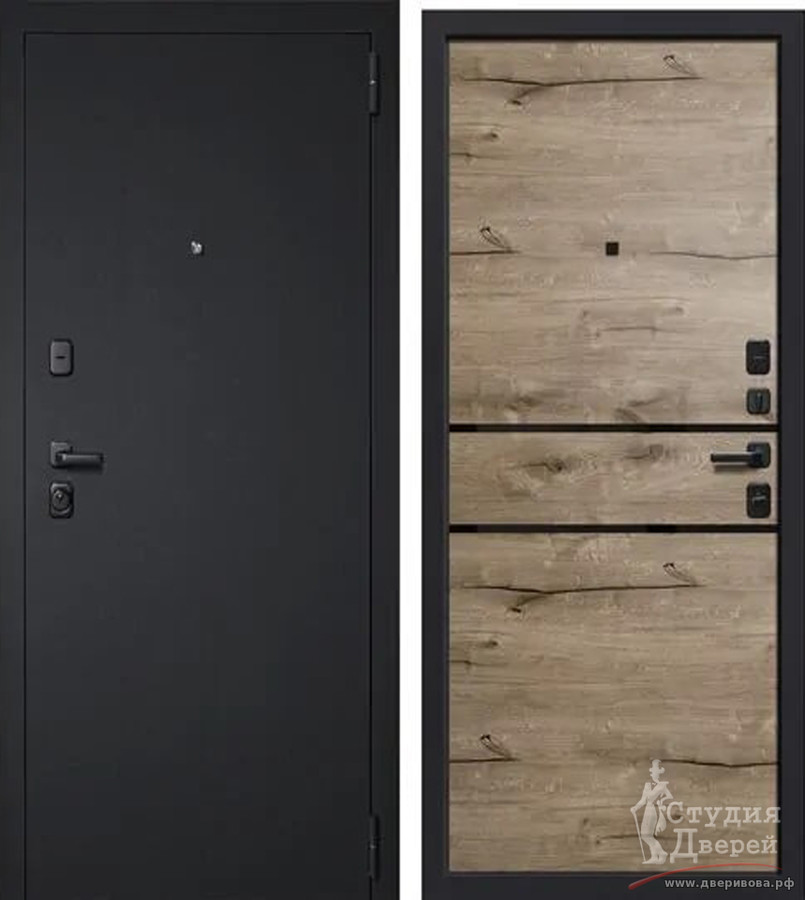 Стальная дверь Дуэт 2, МДФ-панель 10 мм Дуб пацифик, молдинг черное/Муар чёрный, Фурнитура чёрная Fuaro