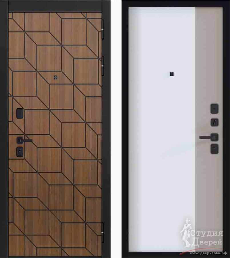 Стальная дверь Фортис, Черный муар с блестками, МДФ 10 мм Ларче орех, патина/МДФ 10 мм Софт белый рельеф, Vellute crema