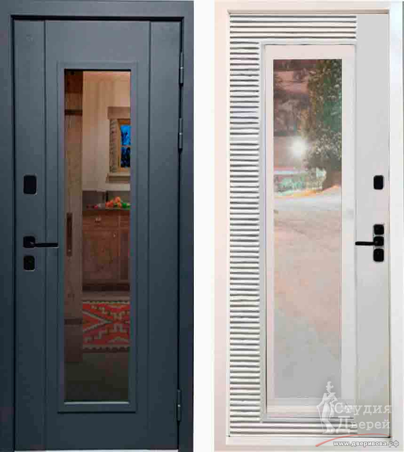 Утепленная уличная дверь ТЕРМО-ЛЮКС PREMIUM 7024 муар / 9016 муар, остекление СПД 32мм 300х1600мм
