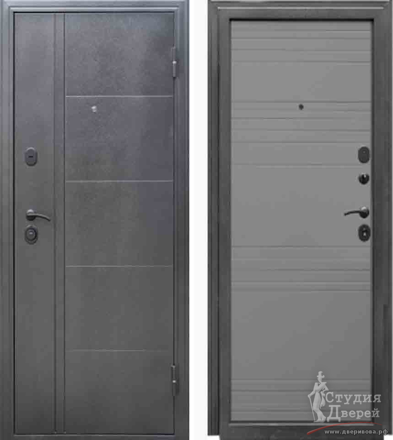 Стальная дверь ОЛИМП Панель МДФ 12 мм Софт серый / Серебристый антик