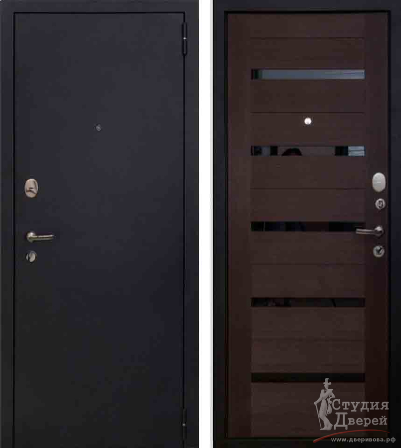 Стальная дверь TRUST ECO МР 9E-142 Царга, ларче шоколад, Черный муар, стекло лакобель black