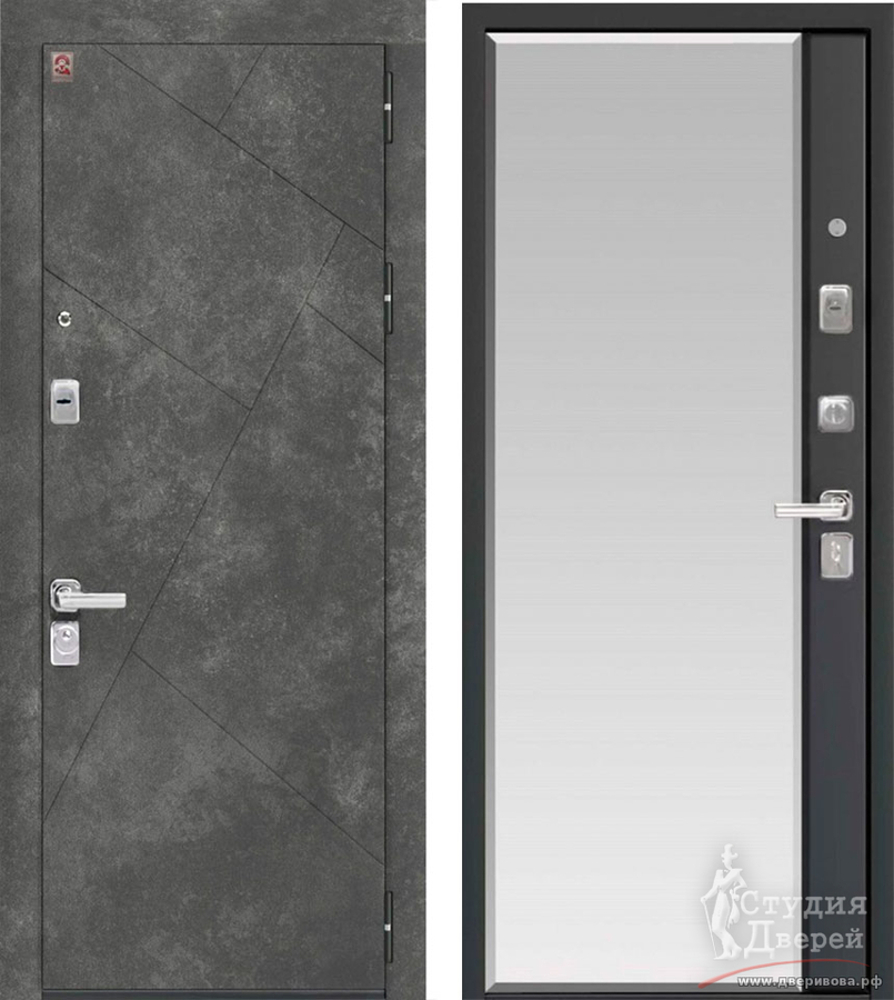 Дверь стальная С-114 Черный муар + серый камень/Щит МДФ 16 мм Смоки софт + зеркало с фацетом