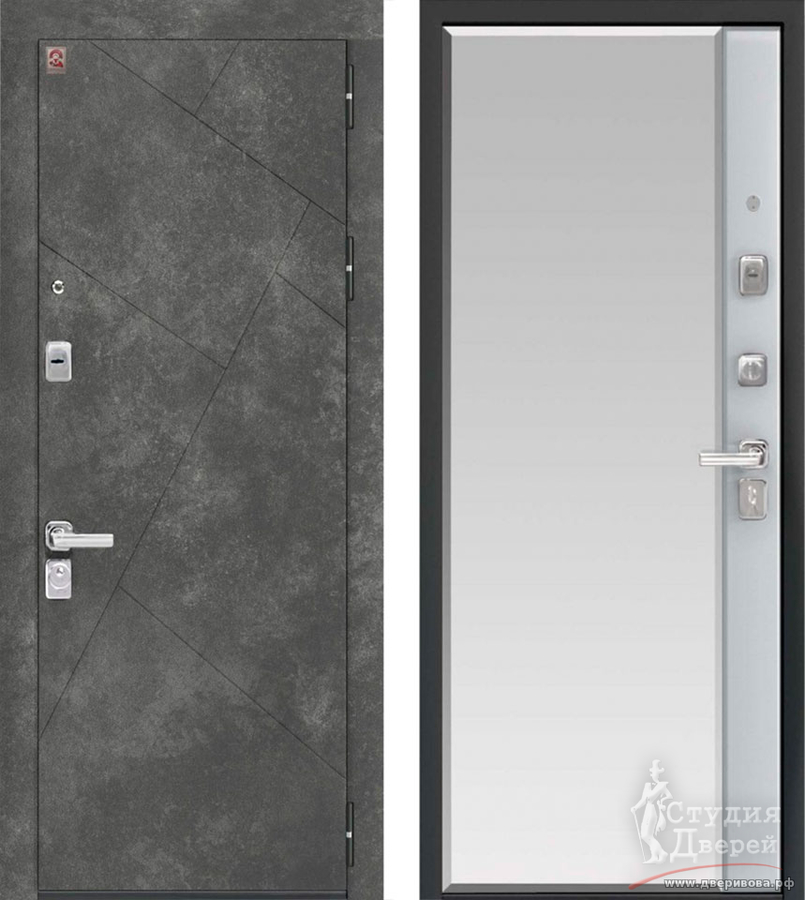 Дверь стальная С-114 Черный муар + серый камень/Щит МДФ 16 мм Софт белый + зеркало с фацетом