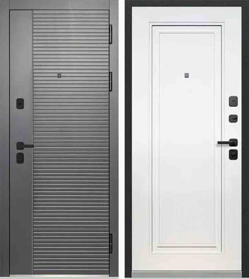 Входная дверь ТАЙГА 9 см Фрезерованная МДФ-панель 10 мм, Сатин графит/Фрезерованная МДФ-панель 10 мм, Эмалит белый