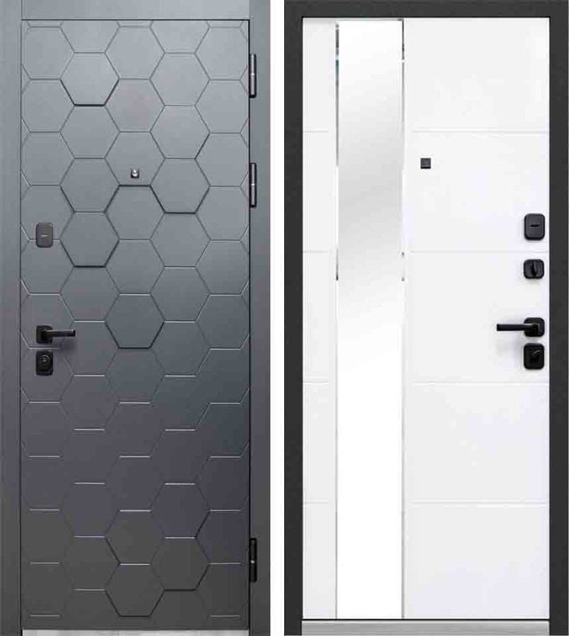 Входная дверь Luxor 2МДФ 3D, МДФ-панель 12 мм Сатин графит/МДФ-панель 10 мм Белый снег софт, накладное зеркало