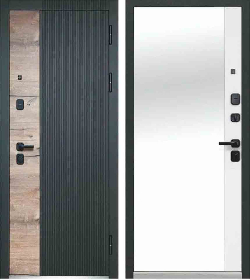 Входная дверь Luxor 2МДФ Дуб Вертикаль Канадский дуб пацифик сатин черный/МДФ-панель 10 мм Эмалит белый, зеркало