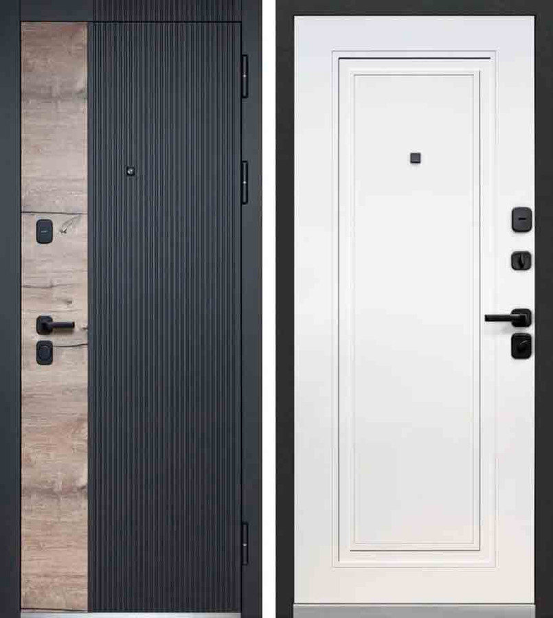 Входная дверь Luxor 2МДФ Дуб Вертикаль Нео Канадский дуб пацифик сатин черный/МДФ-панель 10 мм Эмалит белый