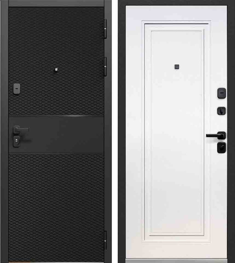 Входная дверь Luxor 2МДФ Черный карбон, лакобель черный/МДФ-панель 10 мм Эмалит белый