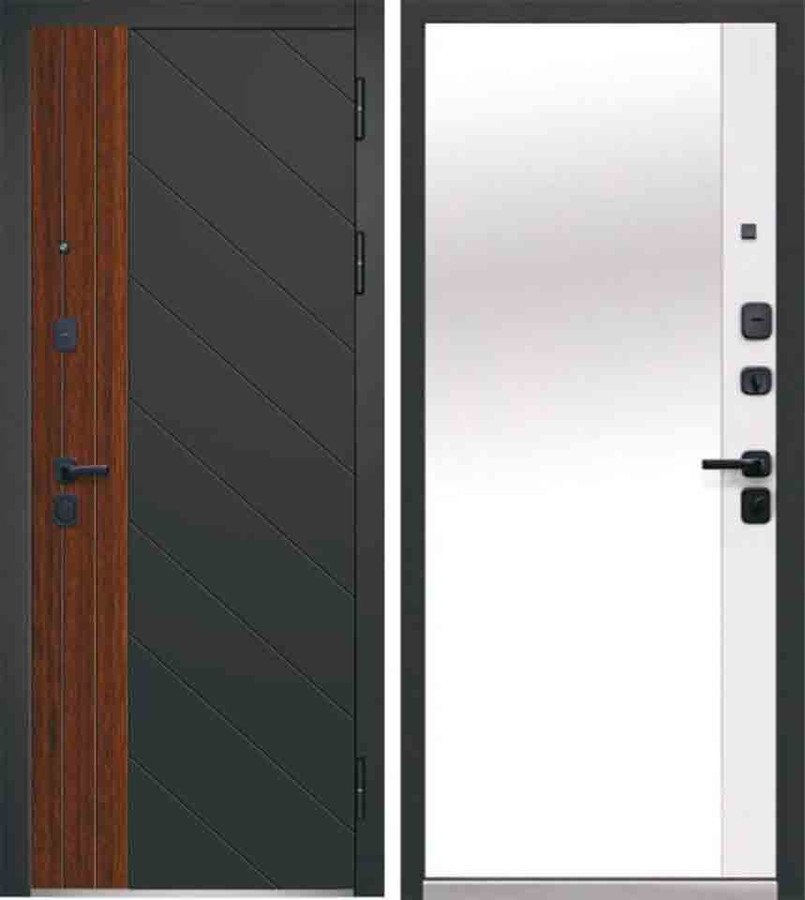 Входная дверь Luxor 2МДФ Диагональ Антрацит софт грецкий орех/МДФ-панель 10 мм Эмалит белый, зеркало