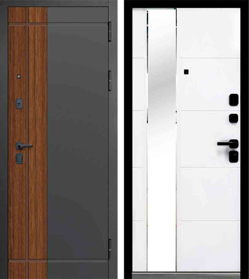 Входная дверь Luxor 2МДФ Призма Антрацит софт грецкий орех/МДФ-панель 10 мм Эмалит белый, зеркало