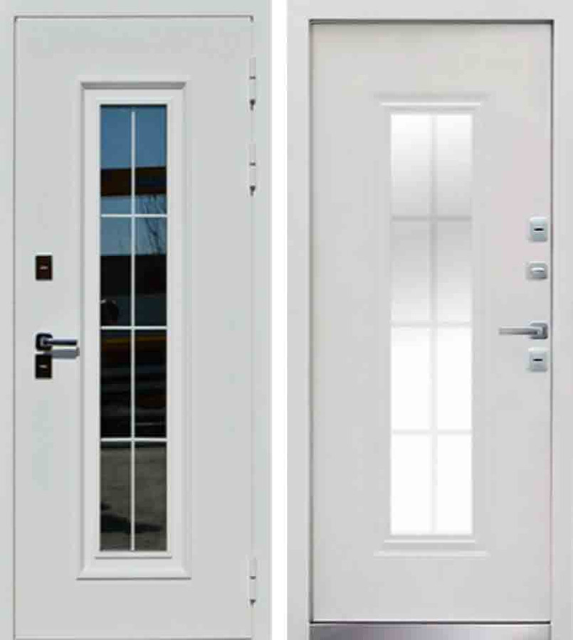 Входная дверь Luxor Termo 8 Шагрень белая/МДФ-панель 10 мм Эмалит белый (Терморазрыв), 3-х камерный тонированный стеклопакет 83 мм, ковка внутри
