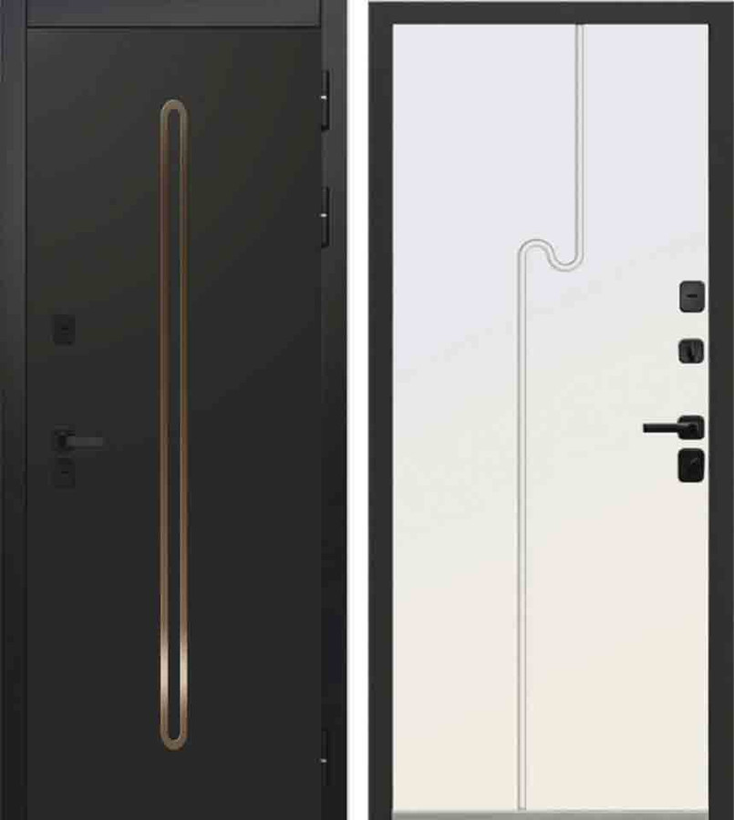 Входная дверь Luxor Termo 10 Муар Черный, накладной элемент «Латунь»/МДФ-панель 10 мм Эмалит белый (Терморазрыв)