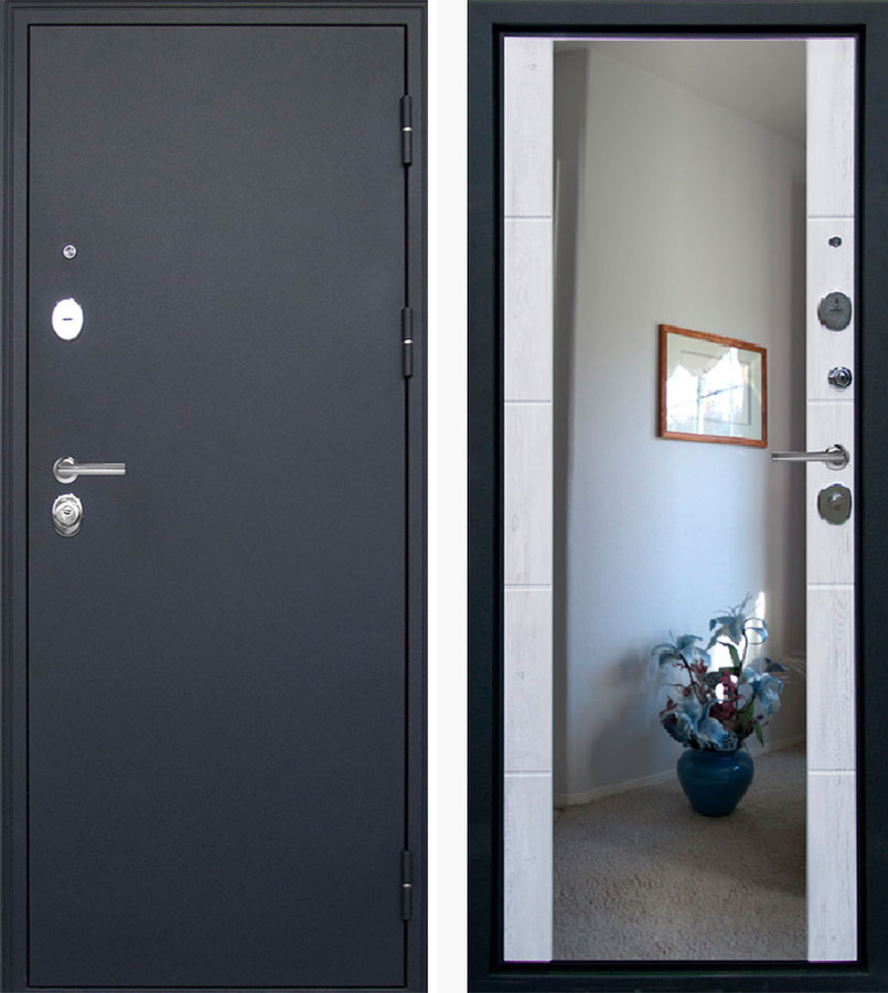 Входная дверь Родина + ЗЕРКАЛО, сатин черный/МДФ 16 мм, Санторини белый