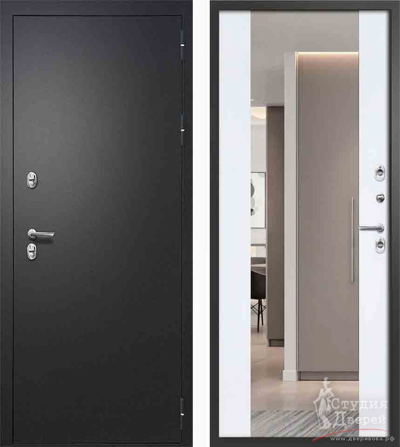 Стальная дверь Fly Doors Айварс ТЕРМО Зеркало Velluto Bianco, Букле черный