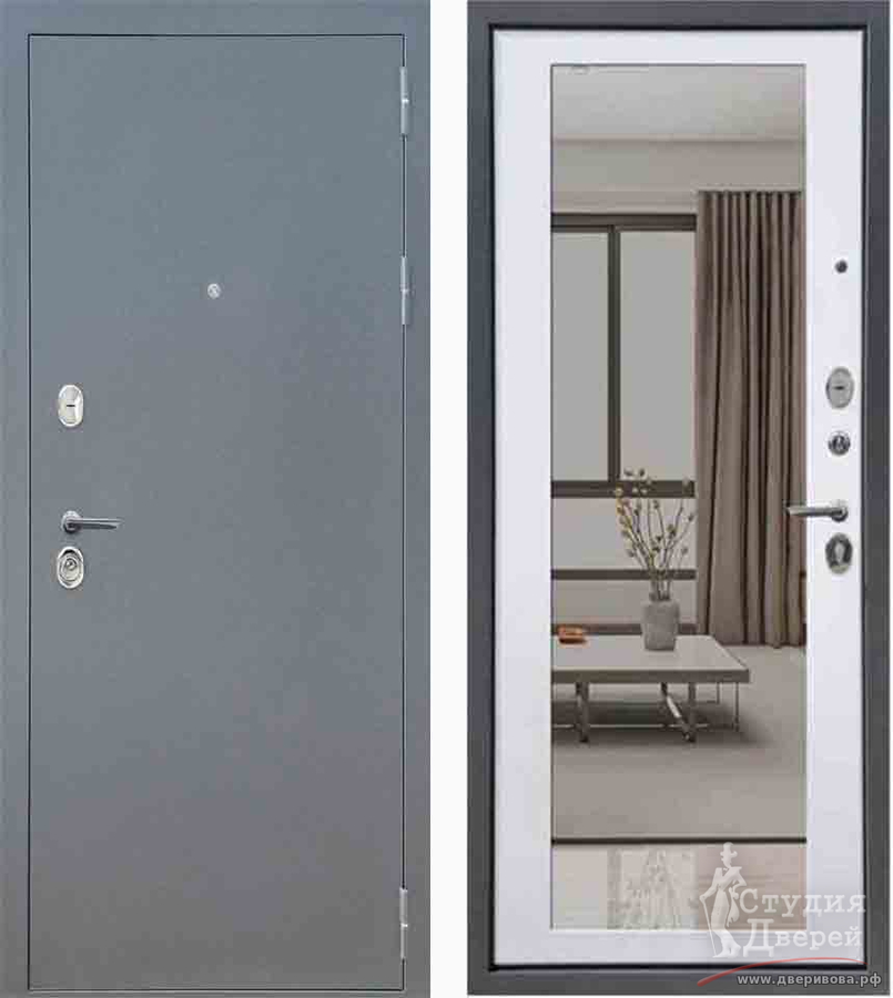 Стальная дверь Fly Doors Аркан Зеркало Velluto Bianco, Букле графит