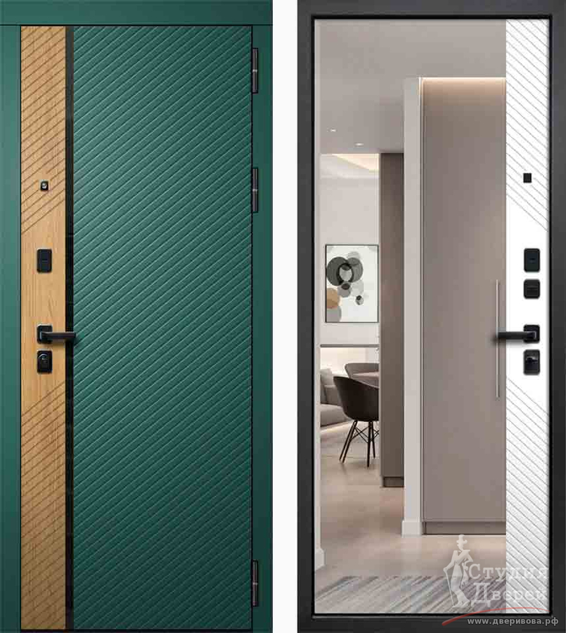 Стальная дверь Fly Doors Дилайн Зеркало Velluto Bianco, Авокадо муар/Avocado/дуб браун