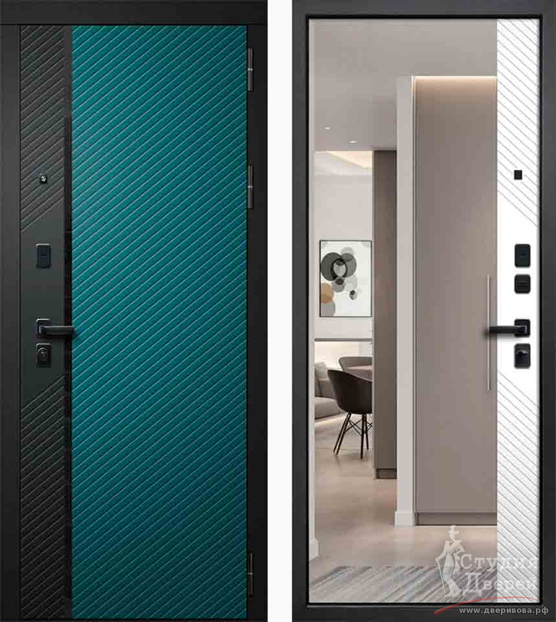 Стальная дверь Fly Doors Дилайн Зеркало Velluto Bianco/Velluto Verde/Верде муар/черн.шагрень