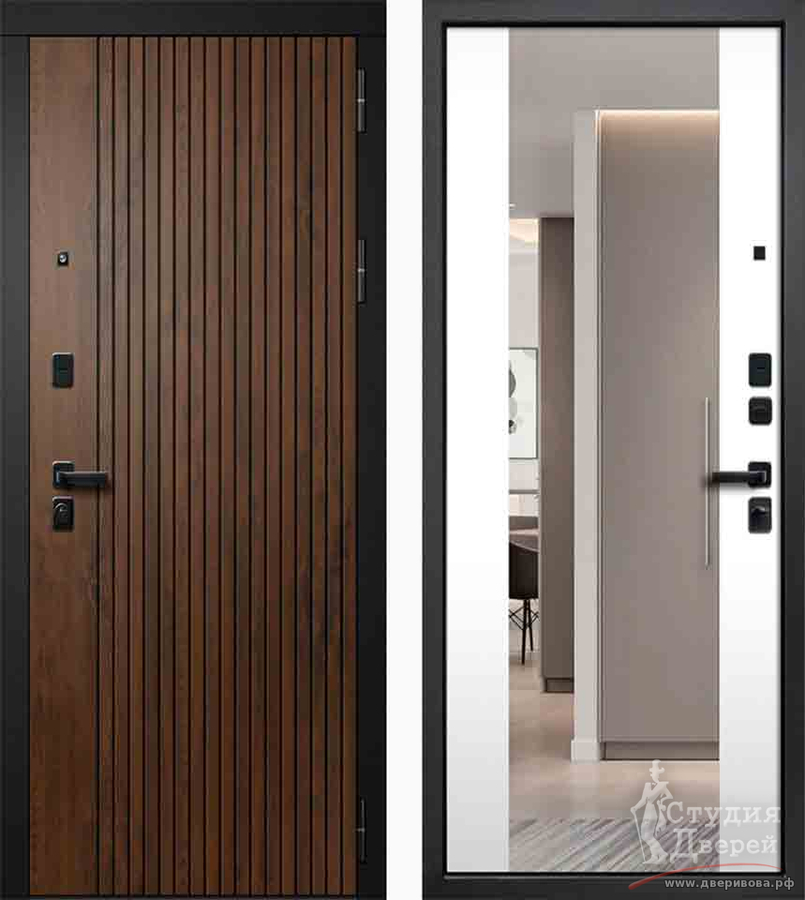 Стальная дверь Fly Doors Форест Зеркало Velluto Bianco/Дуб медовый с патиной, Муар
