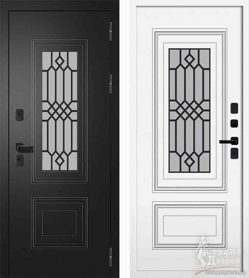 Стальная дверь Fly Doors Шторм ТЕРМО, со стеклопакетом СП-11, решетка, ковка, букле черный/ Velluto Bianco