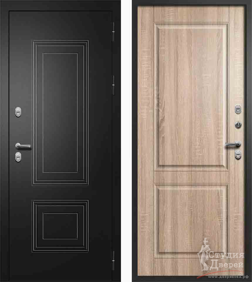 Стальная дверь Fly Doors Шторм ТЕРМО, букле черный/Дуб сонома светлый