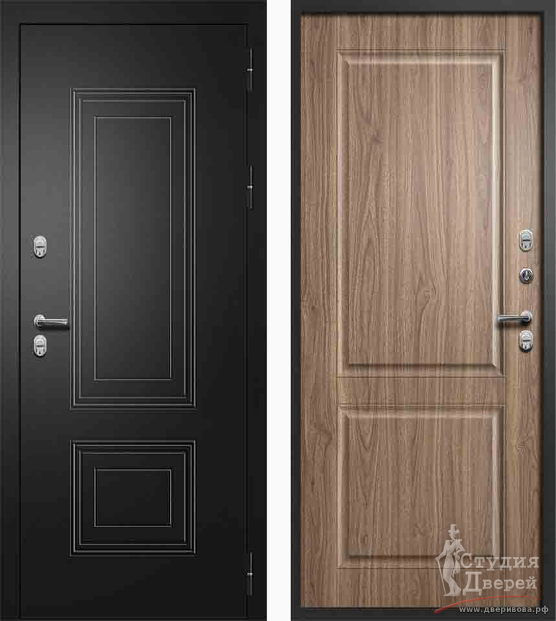 Стальная дверь Fly Doors Шторм ТЕРМО, букле черный/Орех Пекан