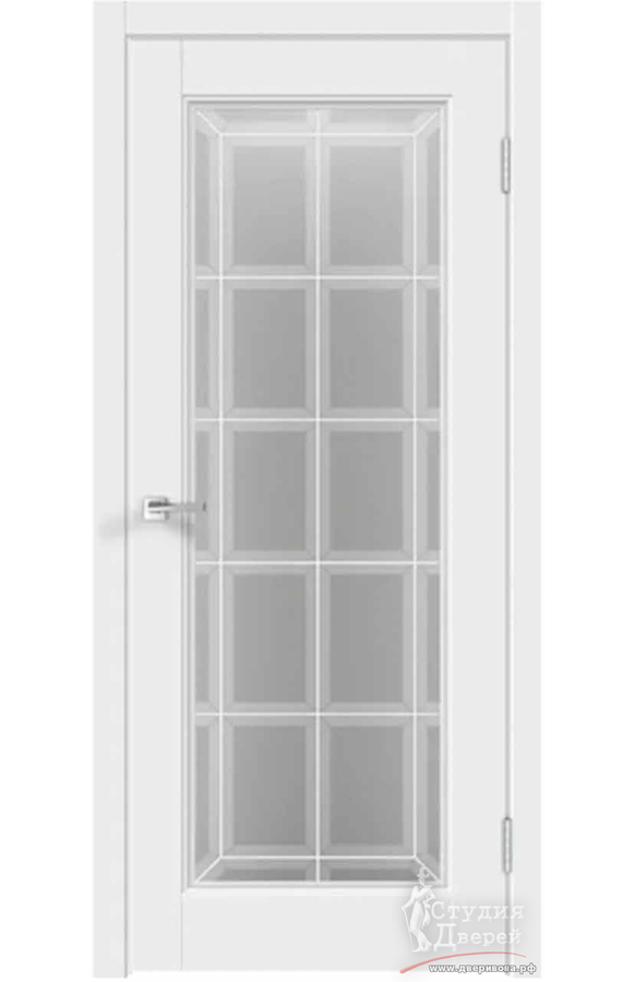 Межкомнатная дверь экошпон VILLA 4V со стеклом Английская решетка без притвора Эмалит белый