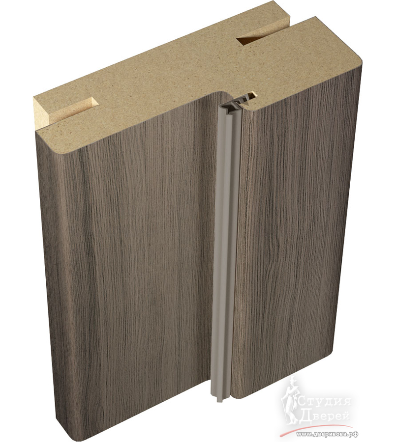 Комплект дверной коробки ЭКОШПОН 80х38 (для LINEA, TECHNO) Дуб серый поперечный, телескоп (2 стойки и перекладина 1000мм, LR, отв.планка п/з. 1895Р SN, петли 100х75х2,5 хром 2шт, с уплот.)