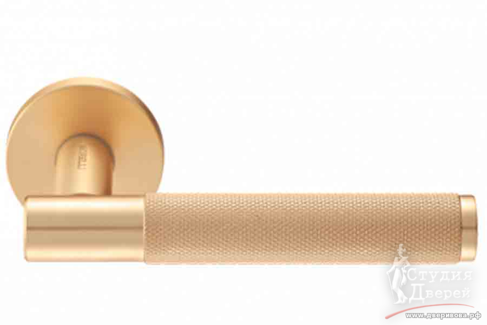 Ручка дверная на круглой розетке 6 мм AZRIELI MH-57-R6T MSG матовое сатинированное золото