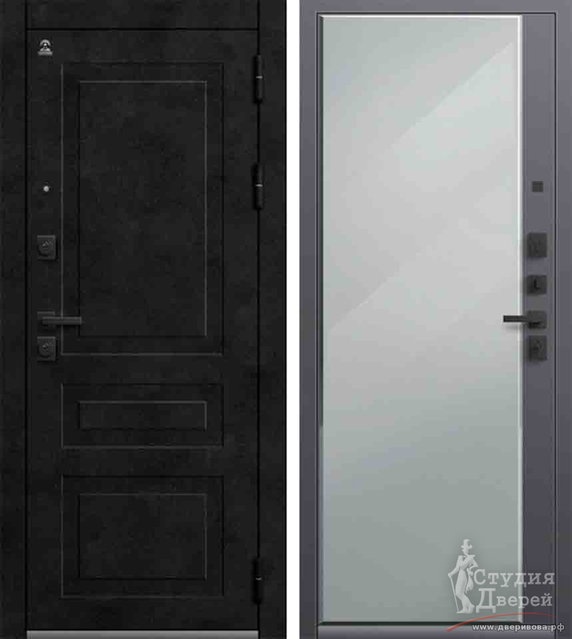 Дверь стальная Центурион С-114 Черный муар+Бетон теный, МДФ 10 мм/Кашемир графит, МДФ 16 мм зеркальная вставка с фацетом