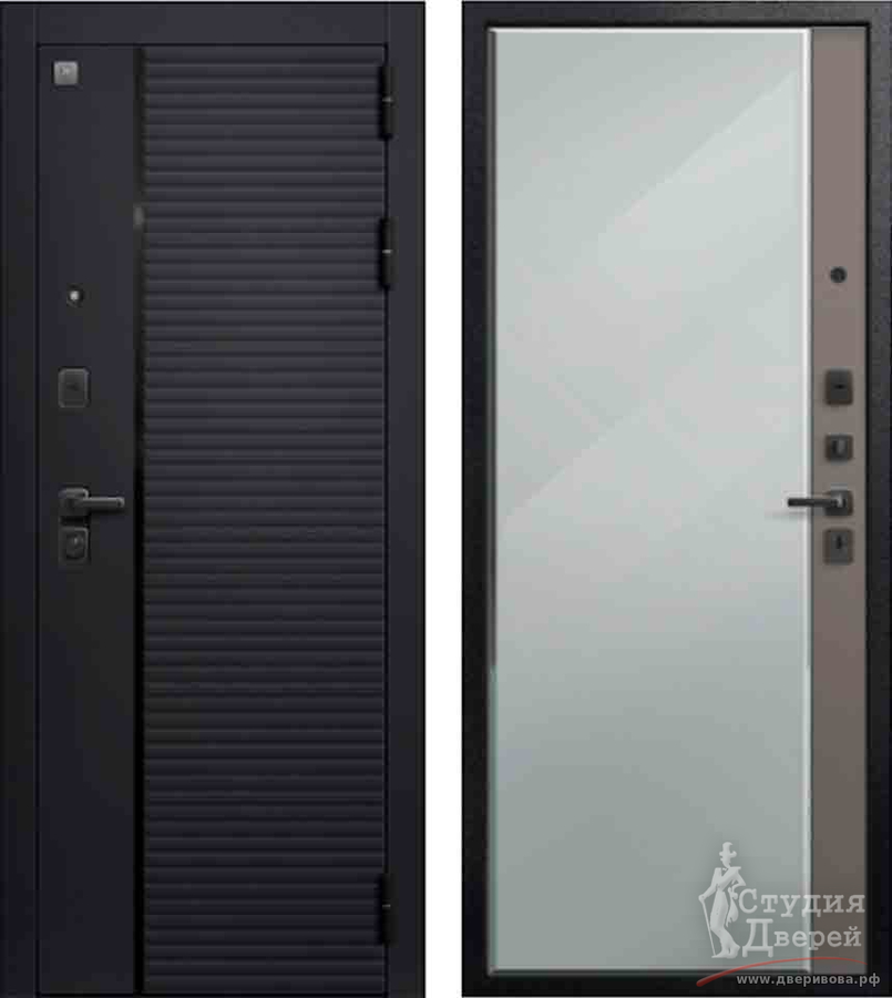 Дверь стальная В-14/1 Черный муар + Черный кварц МДФ 10 мм/МДФ 8 мм Кашемир базальт + зеркальная вставка с фацетом