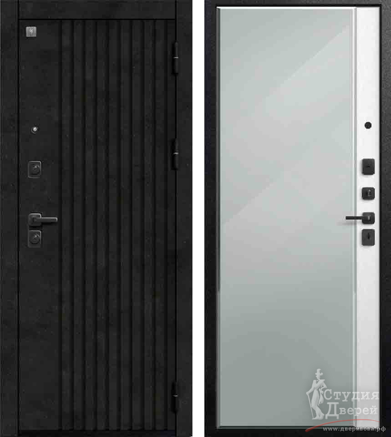 Дверь стальная В-15/1 Черный муар + Бетон темный МДФ 10 мм/МДФ 8 мм Софт ясень белый + зеркальная вставка с фацетом