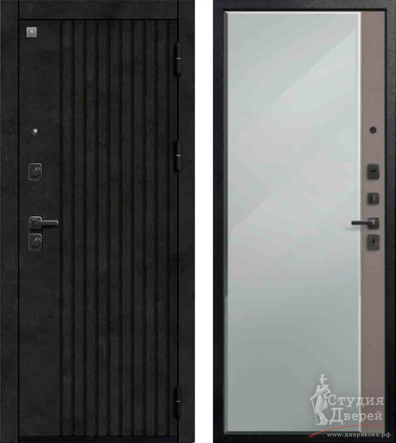 Дверь стальная В-15/1 Черный муар + Бетон темный МДФ 10 мм/МДФ 8 мм Софт ясень грей + зеркальная вставка с фацетом