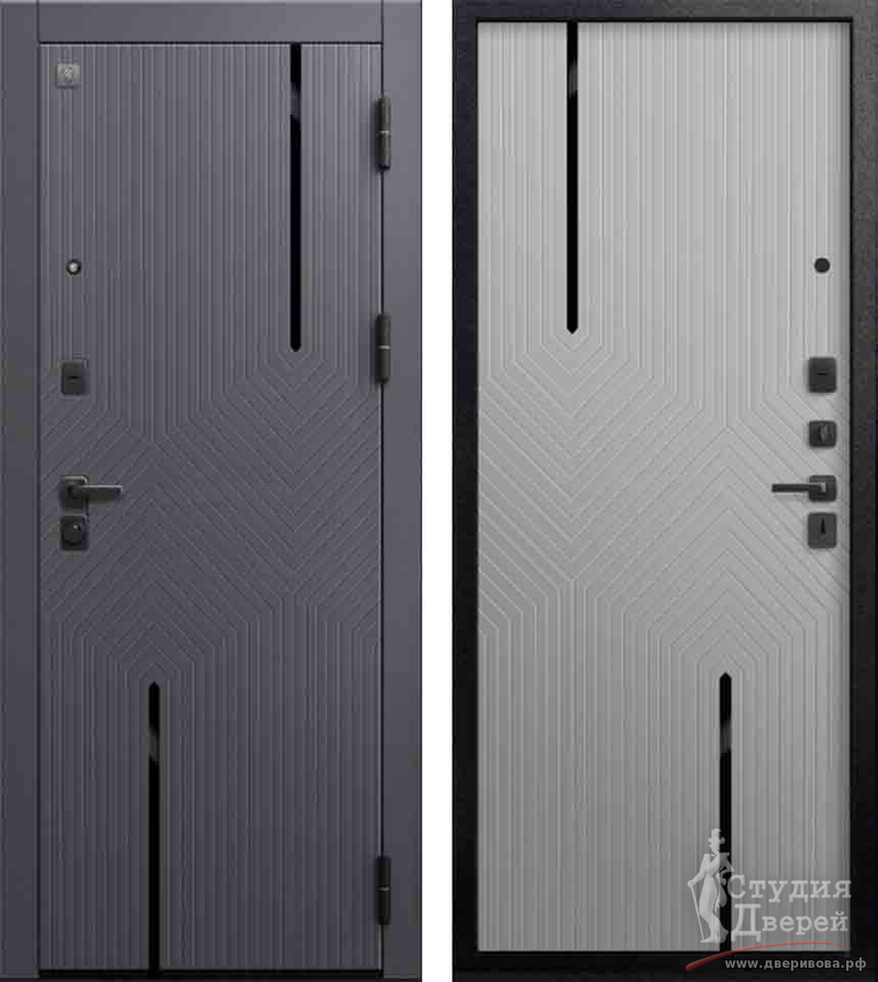 Дверь стальная В-19 Черный муар + Кашемир графит МДФ 10 мм/V-17 Кашемир сильвер МДФ 8 мм