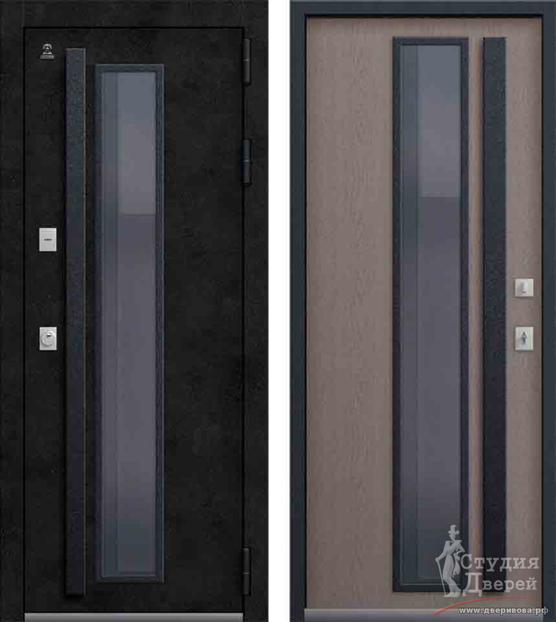 Дверь стальная Центурион Т-15 Антрацит муар + Бетон темный/Софт ясень грей, двухкамерный стеклопакет, цвет стекла Серый (терморазрыв)