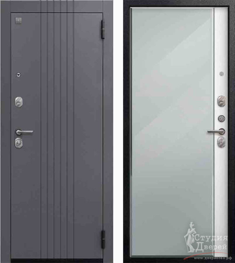 Дверь стальная A-12/1 Черный муар + Кашемир графит/Софт ясень белый + зеркальная вставка с фацетом