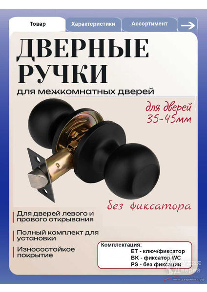 Ручка дверная для двери межкомнатная кноб 607 BL PS Черная